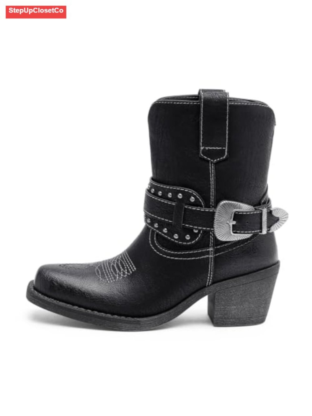 Women's Faux Leather Western Ankle Boots Square Toe Chunky Block Heel